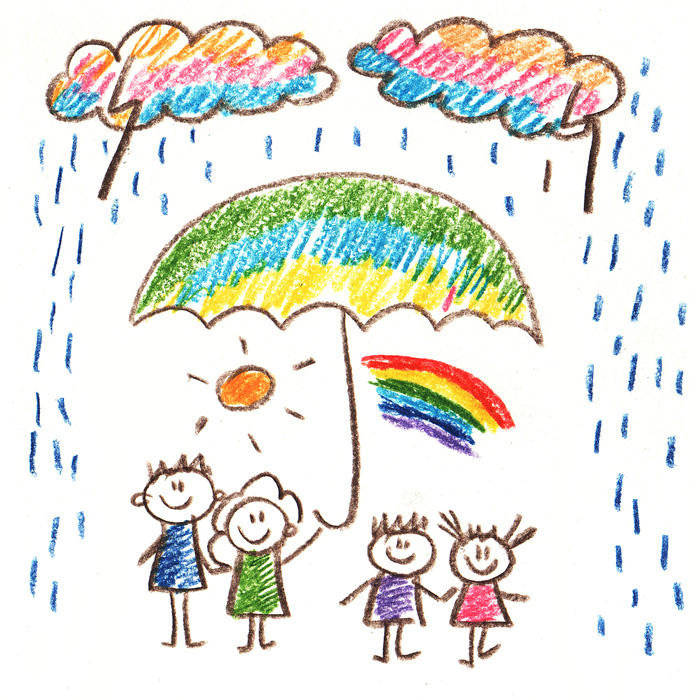 Children's drawing of family under umbrella